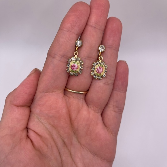 Vintage Rose Hand-Painted Guilloche Dangle Screw Back Earrings - Picture 1 of 4
